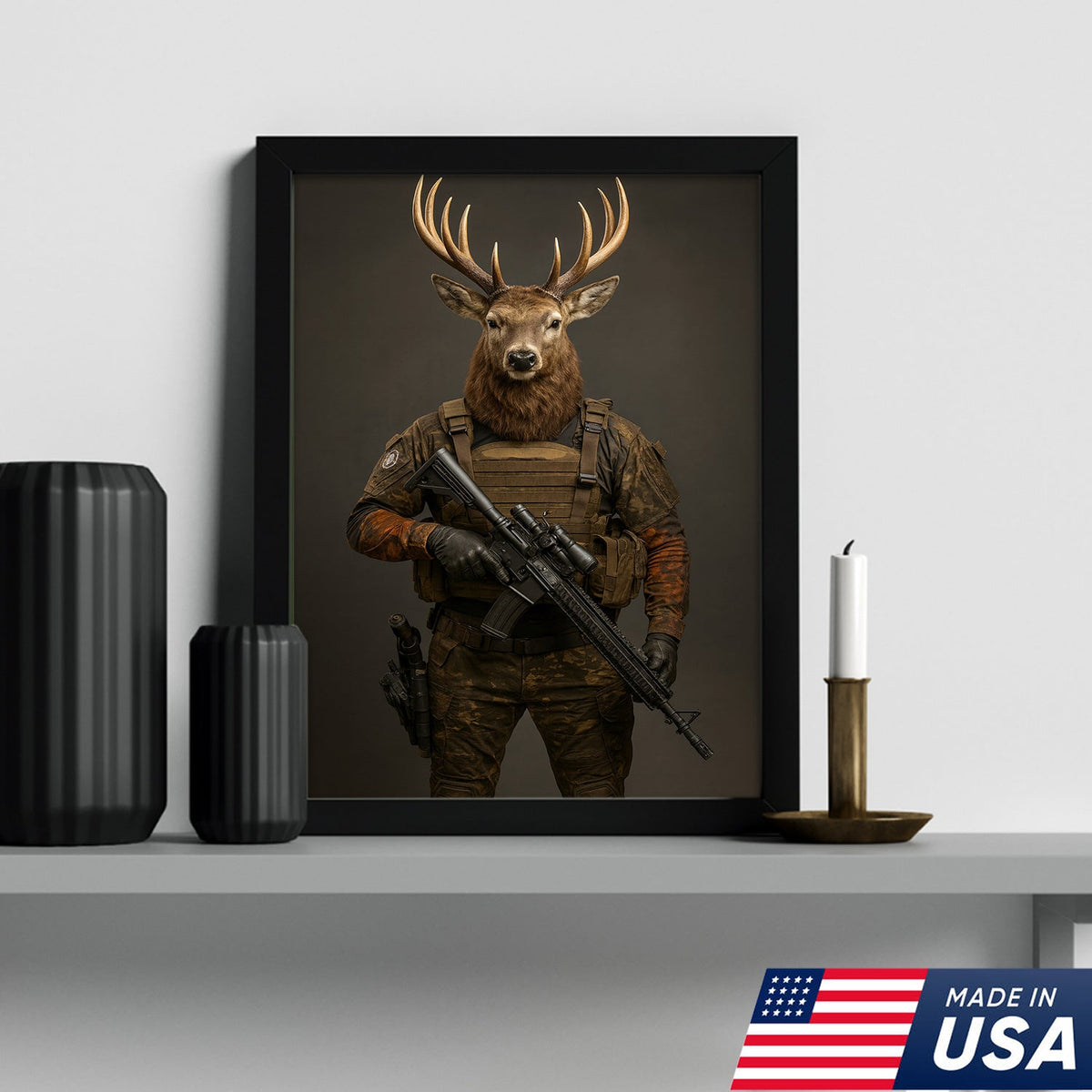 Tactical Deer Soldier Wall Art Canvas – Military Buck Canvas Print for Man Cave & Hunter Decor