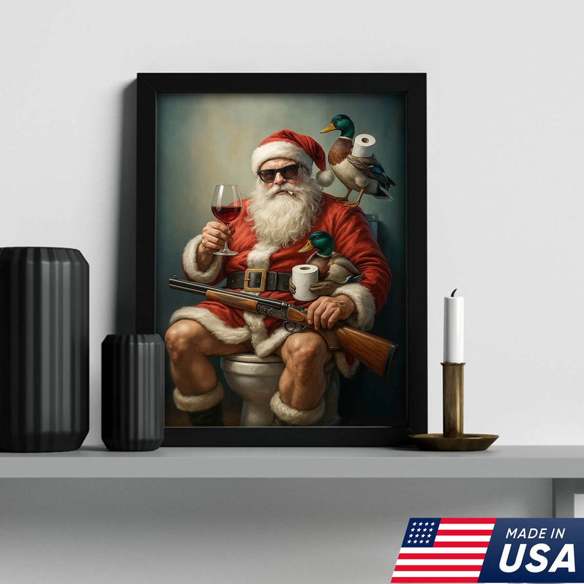 Santa Duck Hunting Christmas Canvas – Funny Holiday Wall Art for Rustic Cabin Bathroom Decor