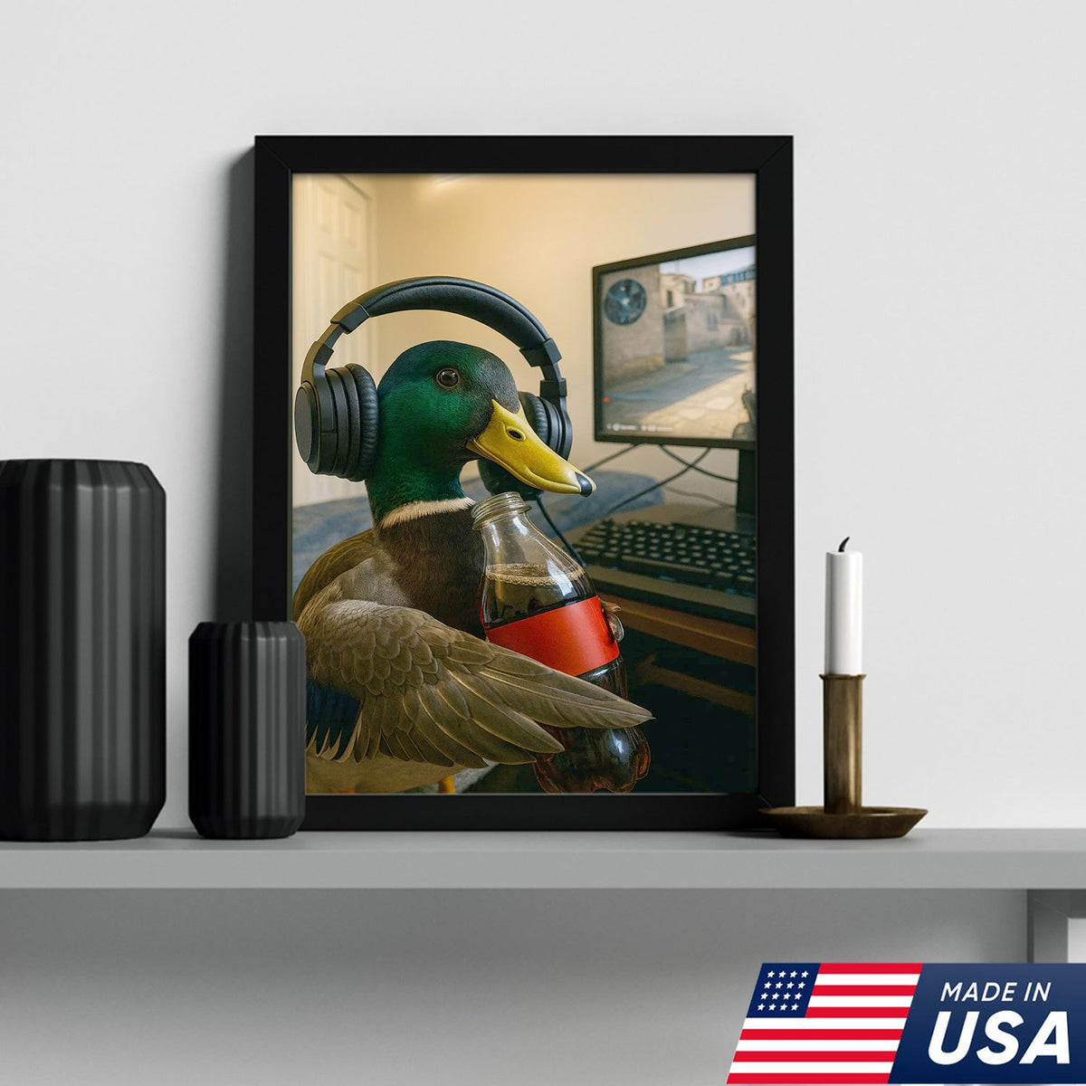 Funny Gamer Duck Canvas Wall Art, Mallard With Headphones and Soda