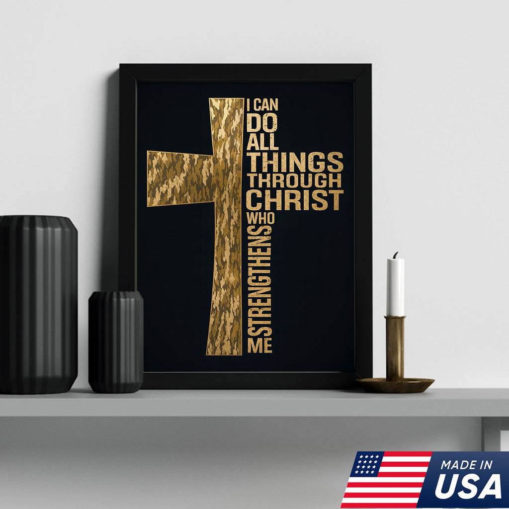 Camo Cross Christian Canvas Wall Art, Philippians 413 I Can Do All Things Through Christ Verse
