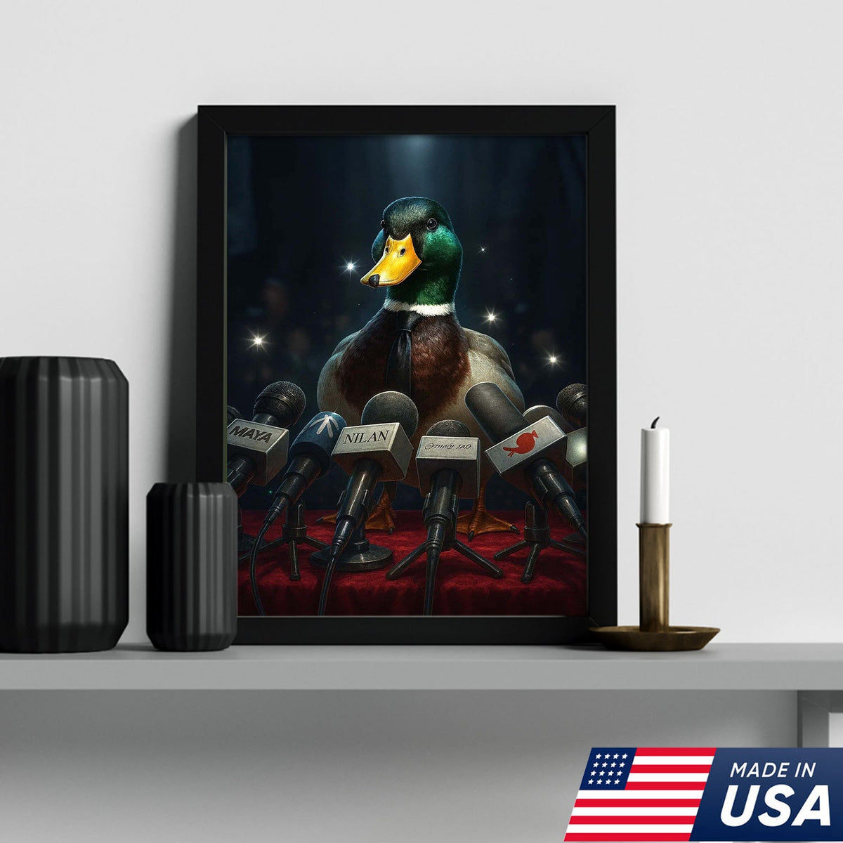Confident Duck Press Conference Canvas Wall Art, Funny Animal Leader Humor Artwork