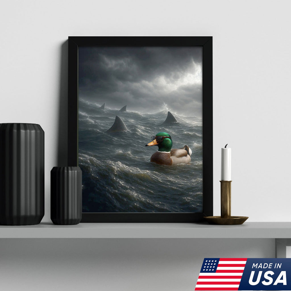 Funny Duck in Shark Infested Waters Canvas Wall Art, Cool Sunglasses Duck Ocean Storm Print