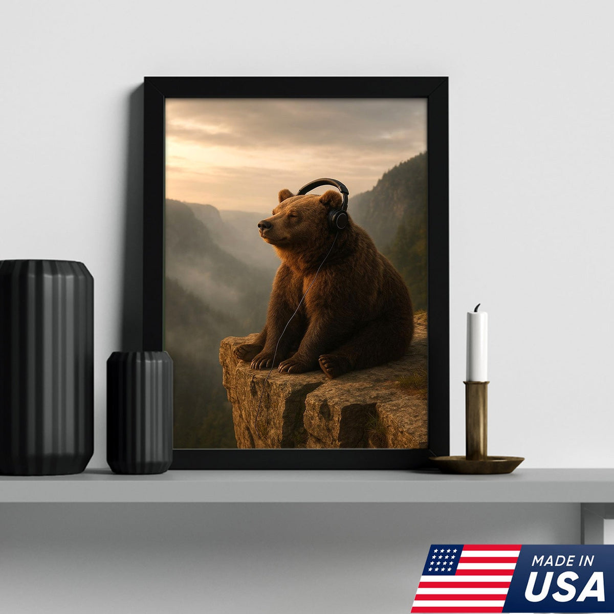 Funny Bear Wall Art, Chill Bear Canvas, Bear with Headphones Art