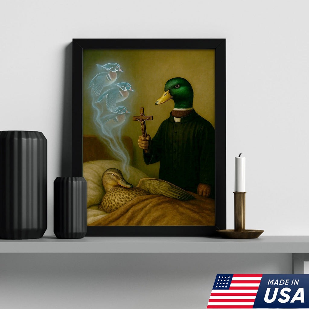 Priest Duck Canvas Wall Art, Surreal Animal Artwork, Funny Dark Humor Painting, Unique Gift for Hunters or Art Collectors