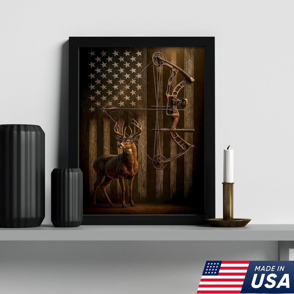 Deer and Bow American Flag Canvas Wall Art — Patriotic Hunting Decor Featuring Buck and Compound Bow
