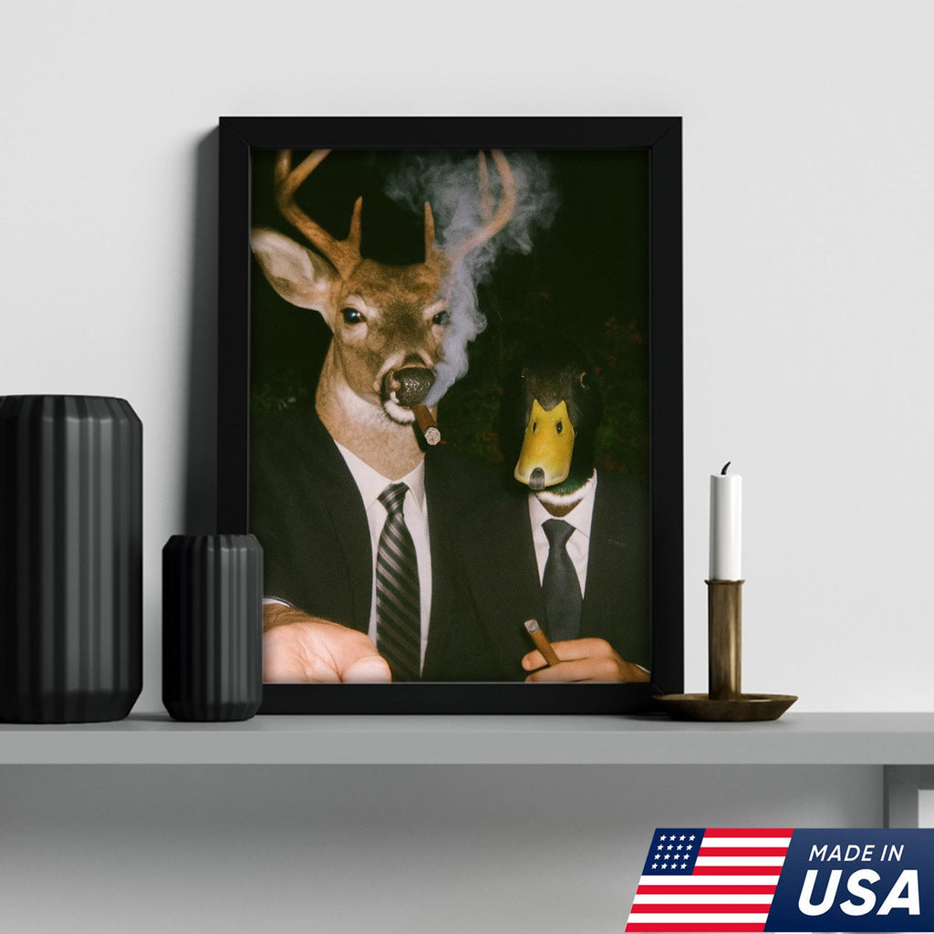 Funny Deer and Duck Canvas Wall Art - Hilarious Animal Duo in Suits