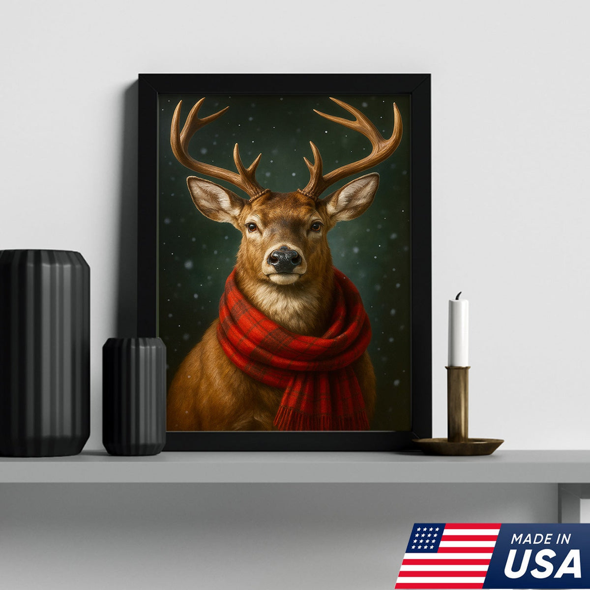 Winter Buck in Red Scarf – Christmas Cabin Wall Art, Rustic Christmas Decor