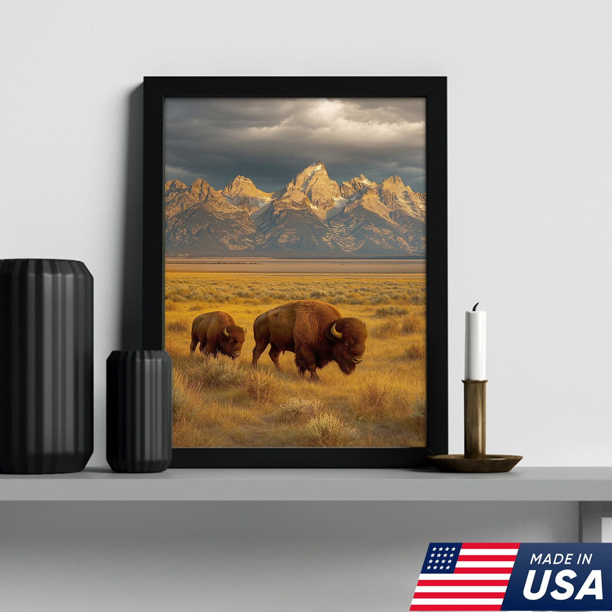 Buffalo Bison Canvas Wall Art, Grand Teton Mountain Landscape Print