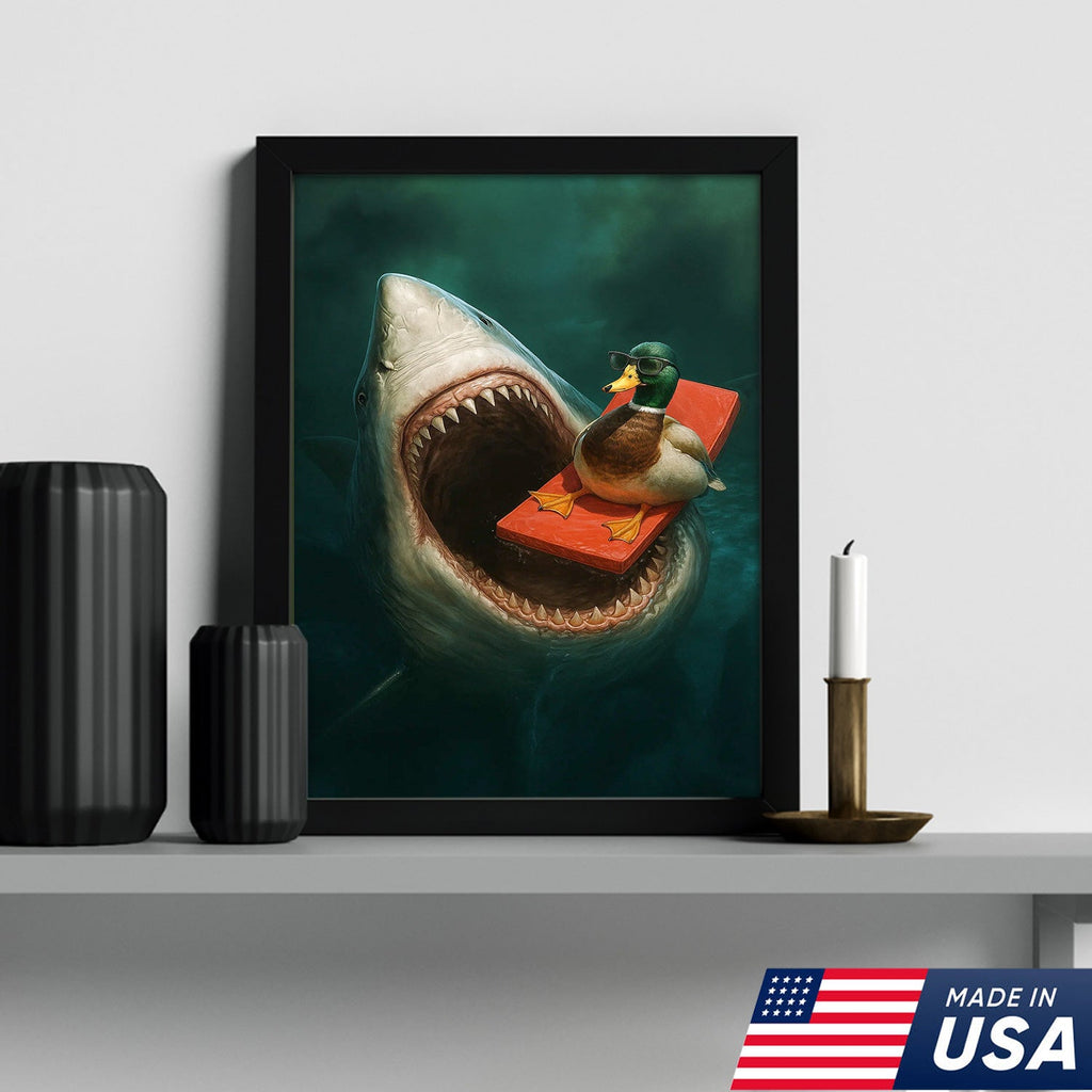 Funny Duck Shark Canvas Wall Art, Fearless Sunglasses Duck Floating Above Shark Jaws Print