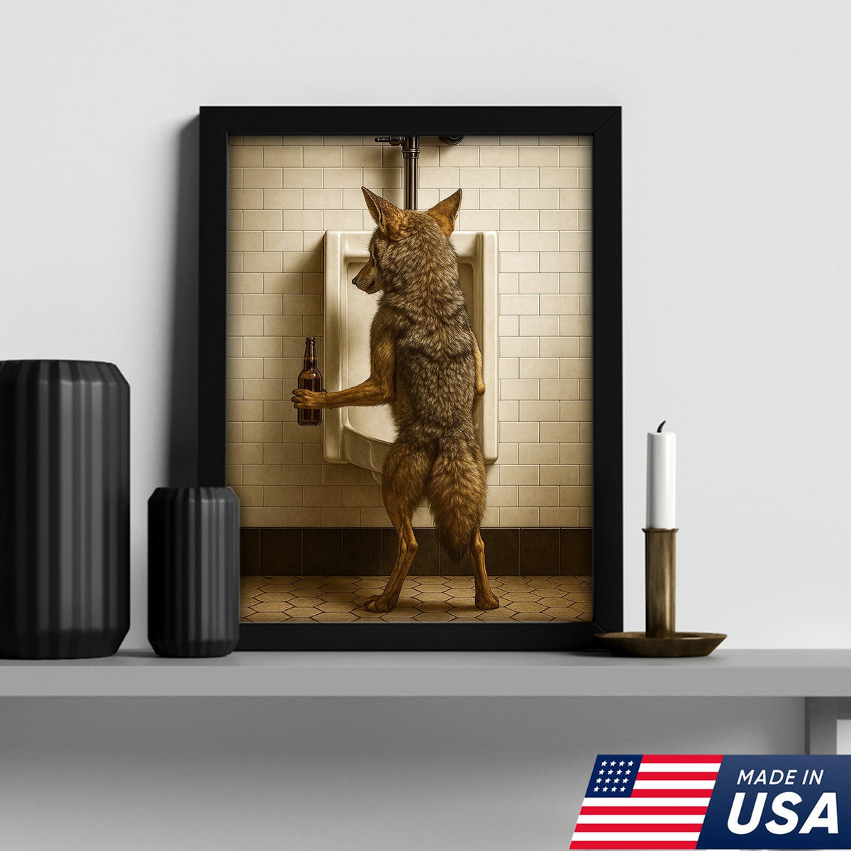 Hilarious Coyote Canvas Wall Art – Funny Bathroom Humor Decor – Rustic Hunting Cabin Gag Gift