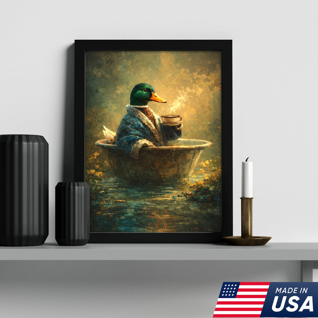 Whimsical Duck Coffee Bath Canvas Wall Art, Cozy Animal Painting