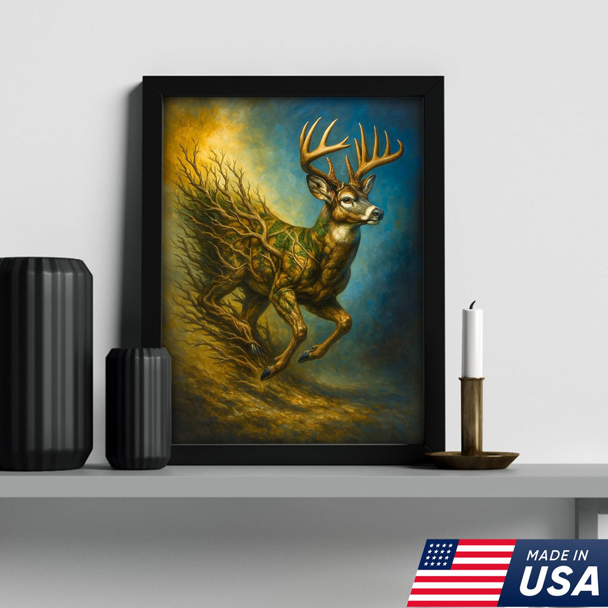 Majestic Deer Canvas Wall Art – Surreal Wildlife Nature Scene – Rustic Lodge and Cabin Decor