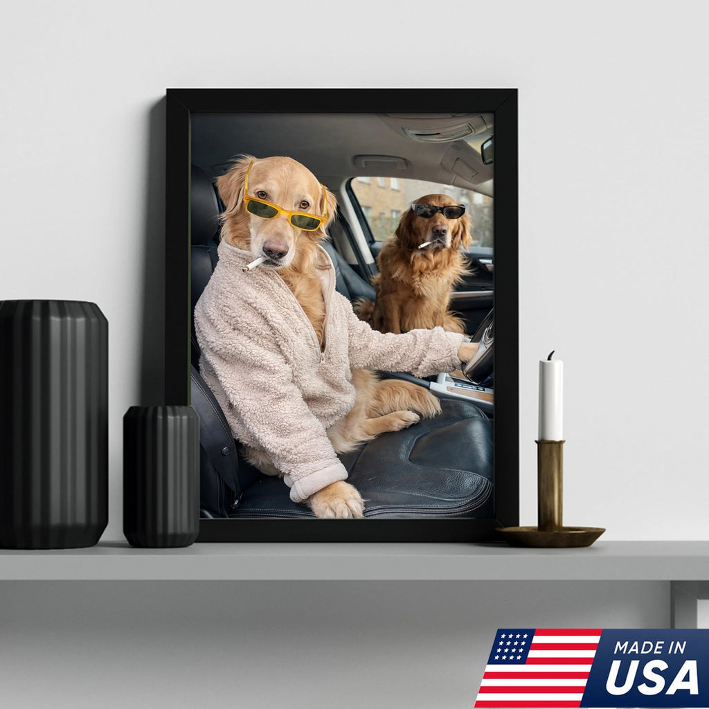 Funny Dog Driving Car Canvas Wall Art, Cool Golden Retriever Duo Portrait