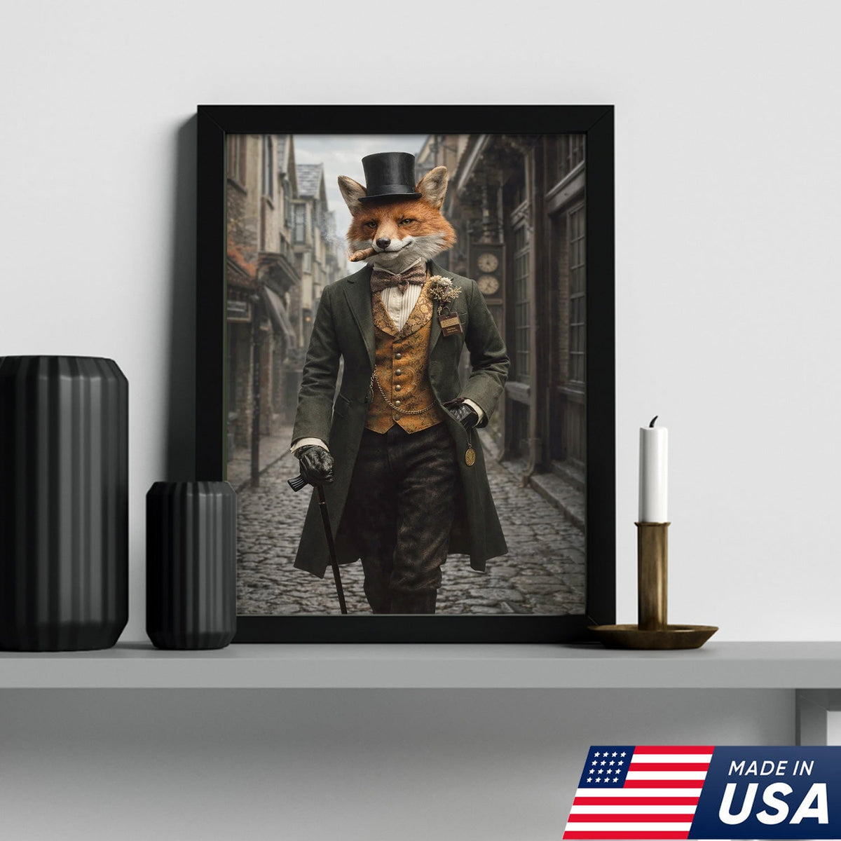 Victorian Gentleman Fox Canvas Wall Art, Elegant Anthropomorphic Fox Illustration