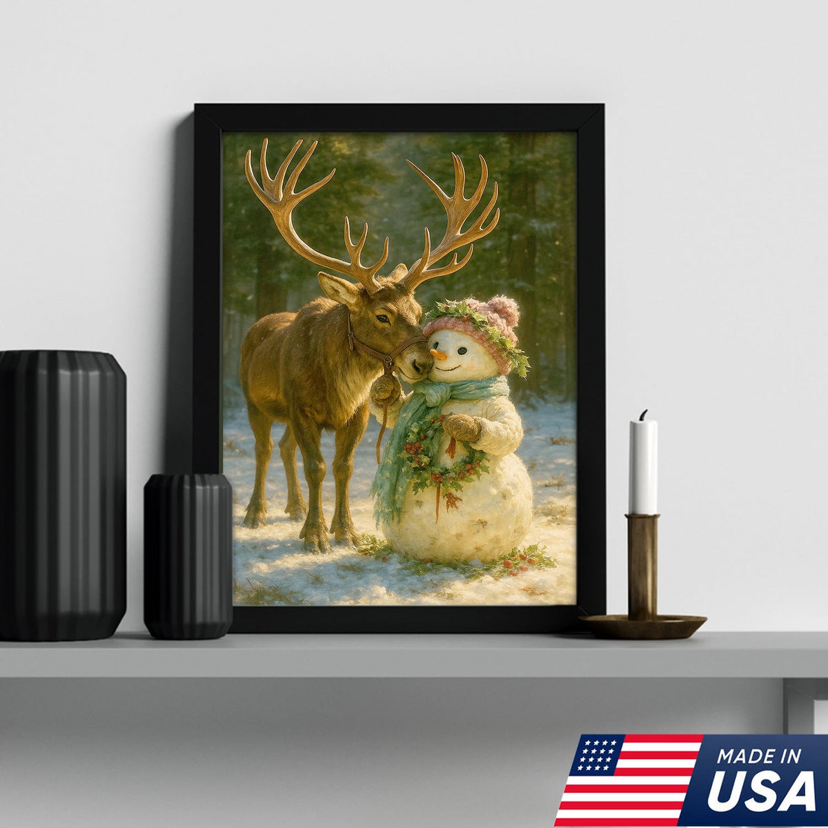 Reindeer and Snowman Friends Christmas Canvas Wall Art, Whimsical Winter Forest Holiday Print