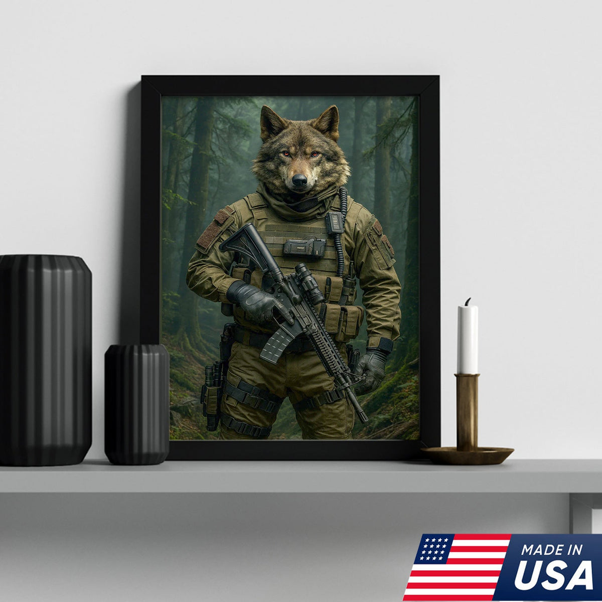 Tactical Wolf Canvas Art – Elite Armored Wolf Warrior in Forest