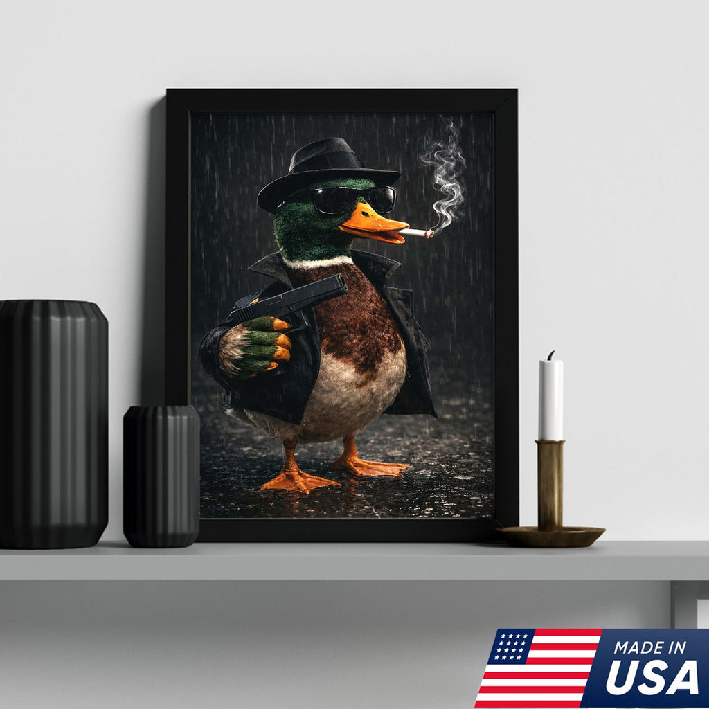 Noir Gangster Duck Canvas Wall Art, Dark Cinematic Animal Illustration