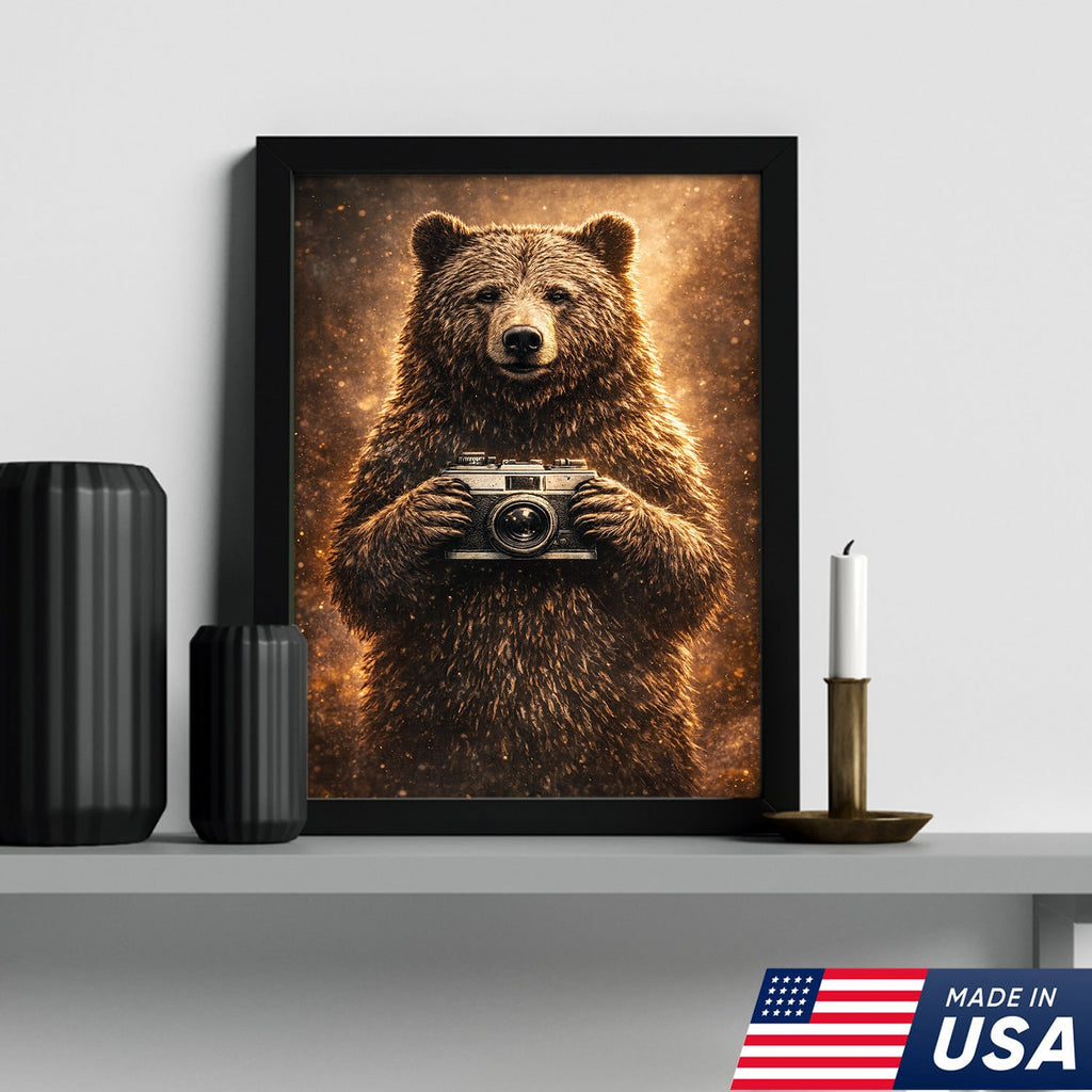 Funny Bear Photographer Wall Art Canvas – Rustic Wildlife Camera Canvas Print Decor