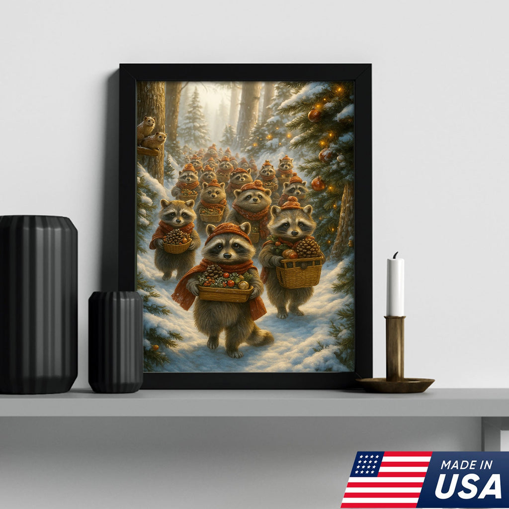 Raccoon Christmas Parade Canvas – Cozy Winter Woodland Wall Art