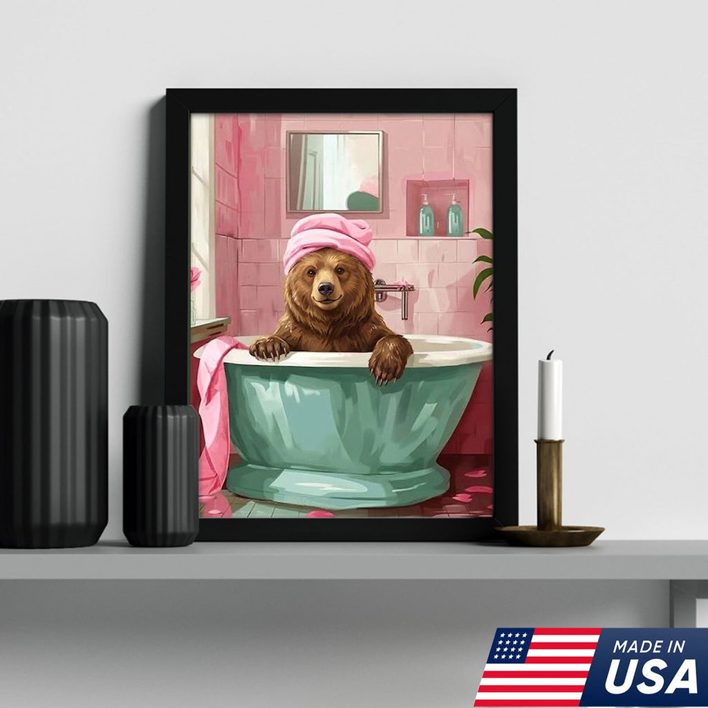 Funny Bear Bathroom Wall Art, Cute Bath Bear Canvas, Pink Bathroom Decor