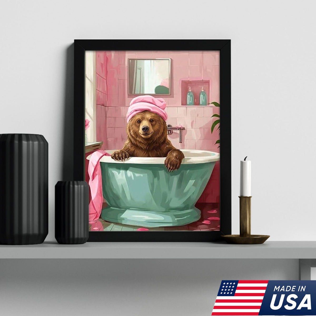Funny Bear Bathroom Wall Art, Cute Bath Bear Canvas, Pink Bathroom Decor