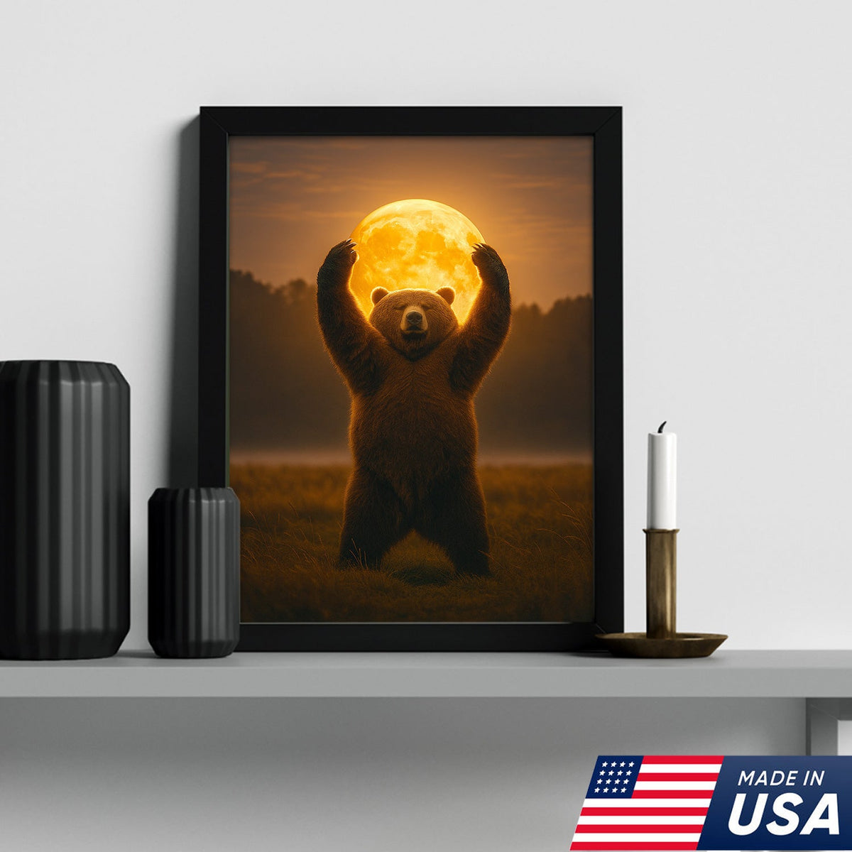 Bear Holding the Full Moon Wall Art Canvas – Mystical Wildlife Decor for Cabin & Nature Lovers