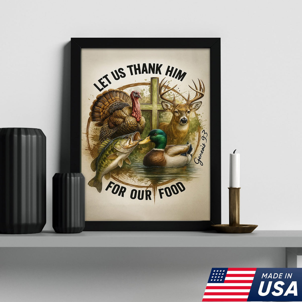 Christian Hunting Canvas Wall Art — “Let Us Thank Him For Our Food” with Deer, Turkey, Duck & Fish