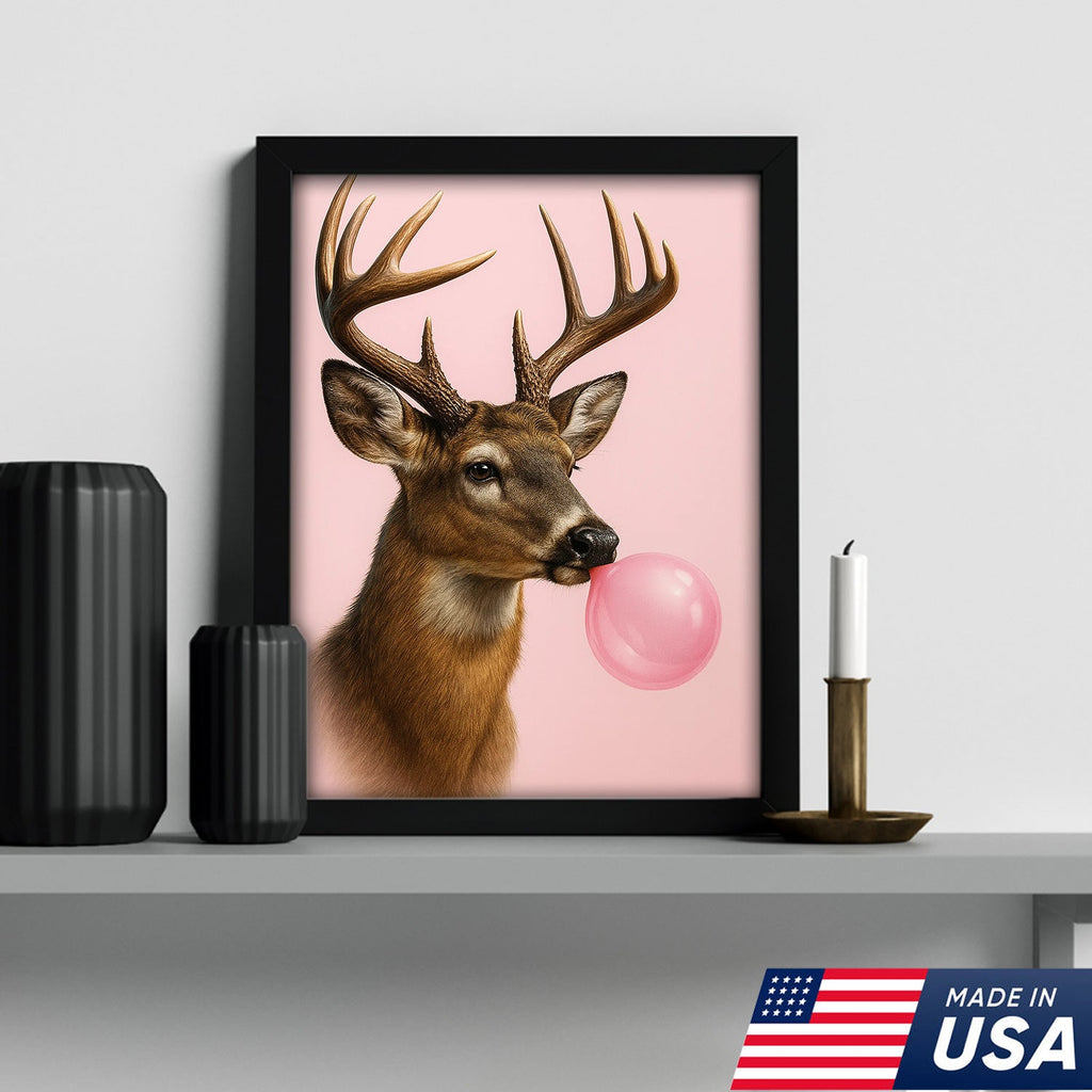 Funny Deer Blowing Bubblegum Wall Art – Modern Animal Canvas Print for Living Room