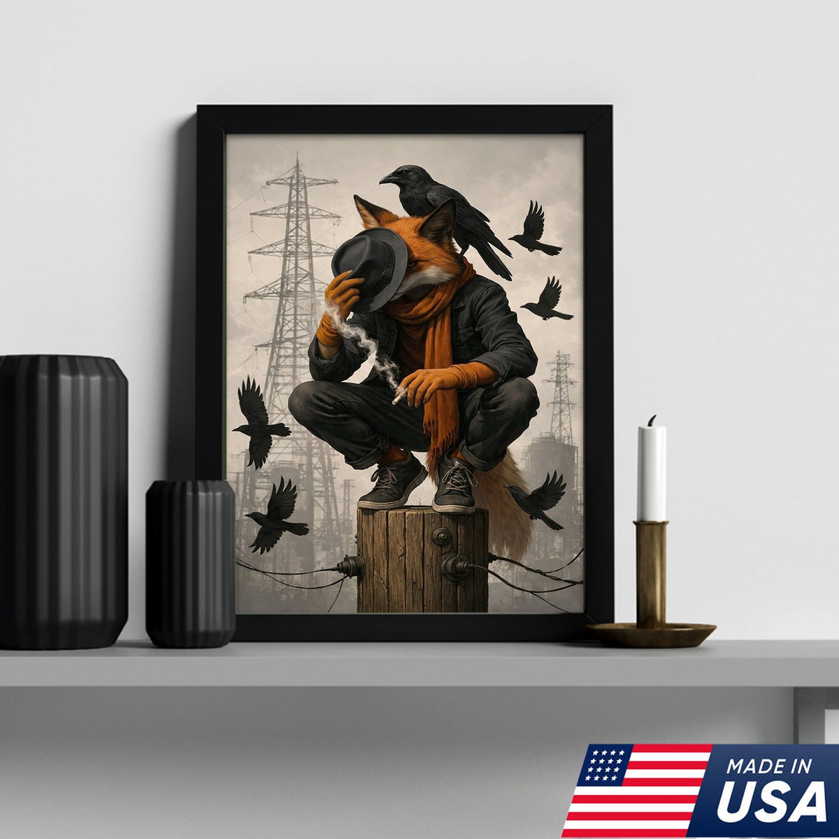 Urban Fox and Raven Canvas Wall Art, Industrial Fantasy Fox Illustration