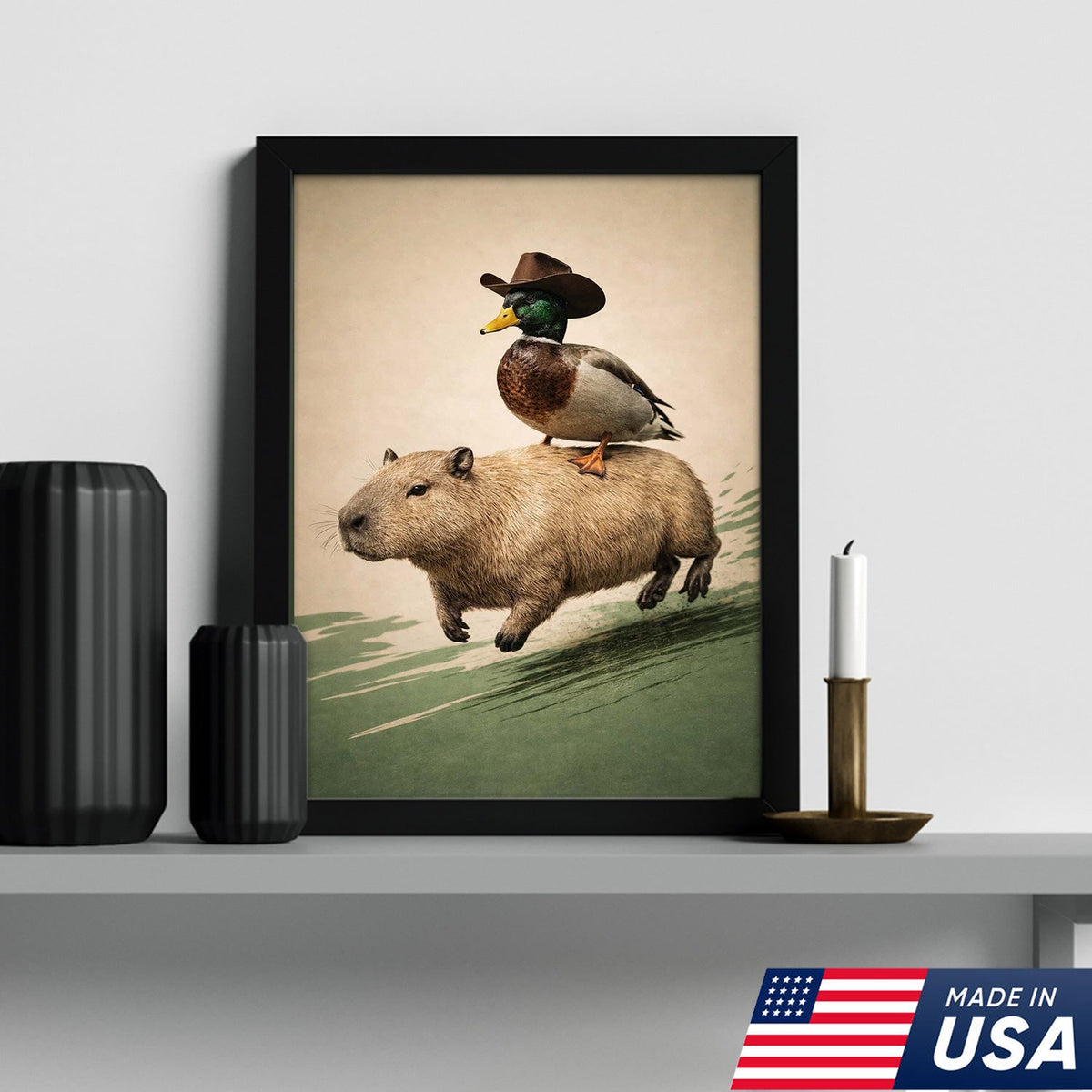 Whimsical Cowboy Duck Riding Capybara Canvas Wall Art, Surreal Animal Adventure Painting