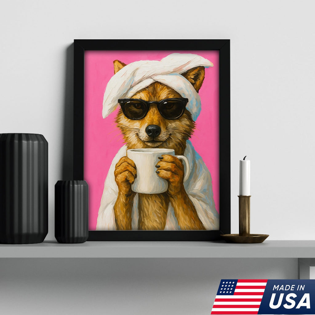 Funny Fox Drinking Coffee Wall Art – Modern Animal Canvas Print for Kitchen