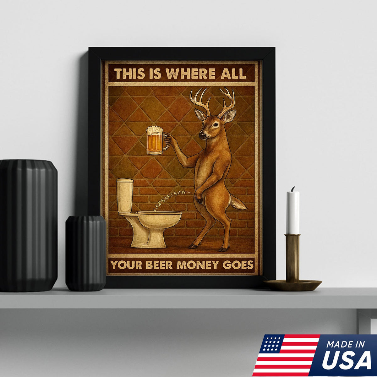 Funny Deer Beer Canvas Wall Art – Rustic Hunting Lodge Bar Decor Gift for Hunters & Beer Lovers