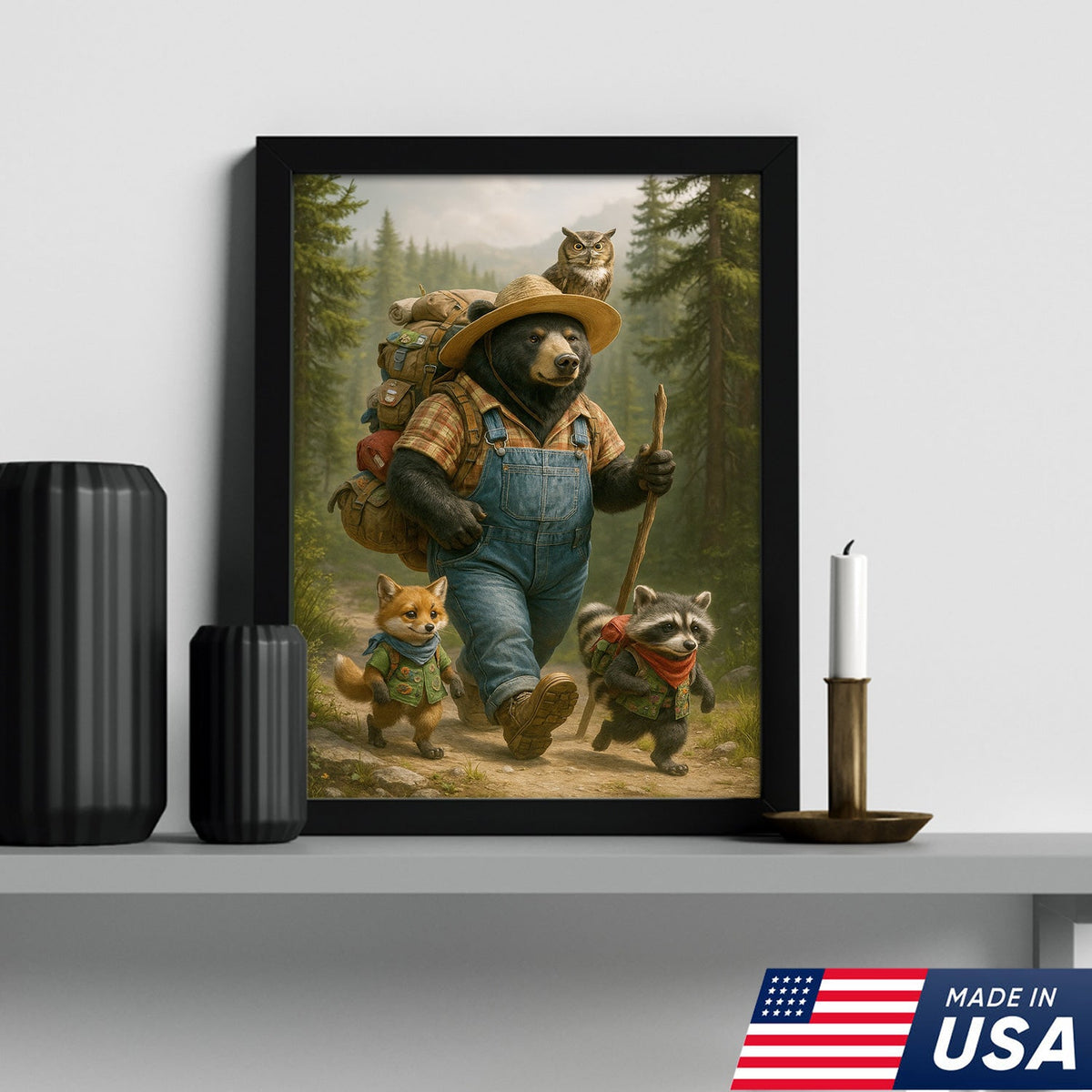 Bear Hiking Adventure Canvas Art – Cute Woodland Animal Wall Decor for Cabin & Home