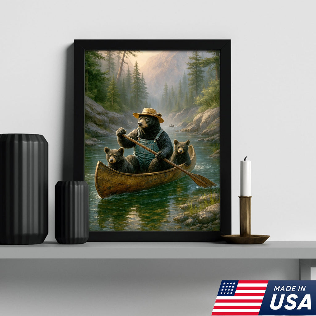 Bear Family Canoe Adventure Canvas Wall Art – Rustic Wildlife Wall Decor for Cabin & Home