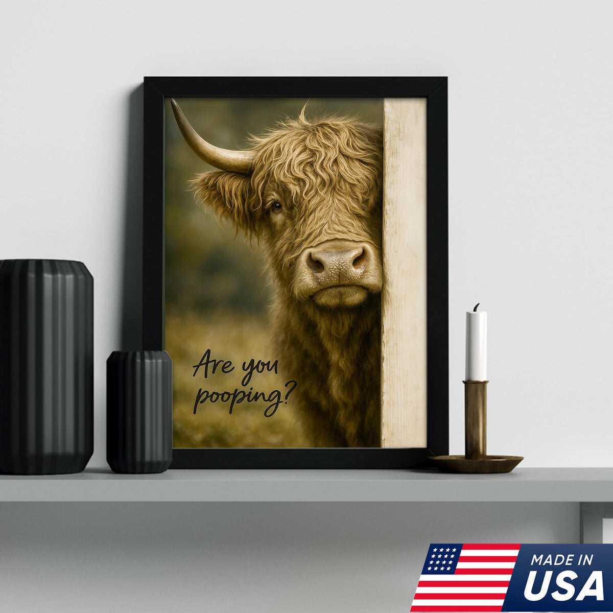 Highland Cow Bathroom Wall Art, Funny “Are You Pooping?” Farmhouse Canvas