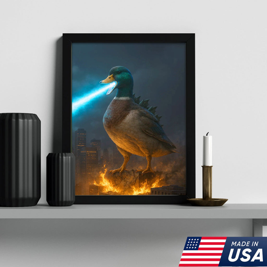 Duckzilla Canvas – Epic Monster Duck Breathing Blue Fire Over City, Funny Kaiju Parody Wall Art