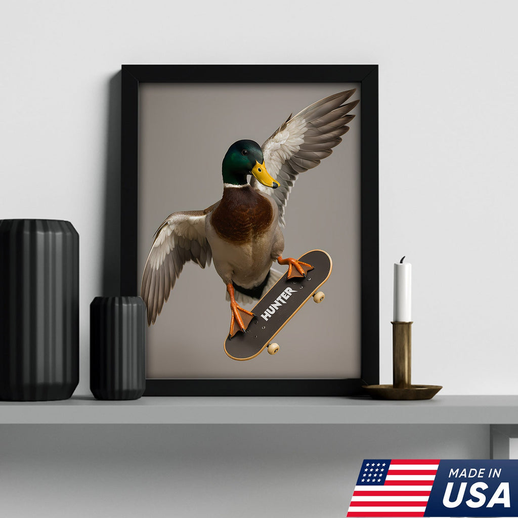 Funny Skater Duck Canvas, Cool Mallard Wall Art, Humorous Bird Lover Decor for Man Cave