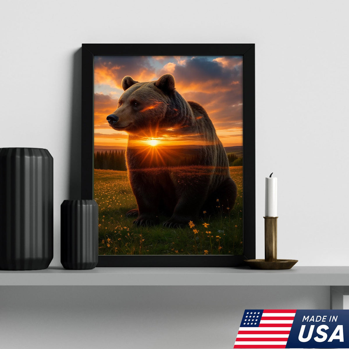 Sunset Bear Canvas Wall Art, Majestic Brown Bear Nature Landscape Print