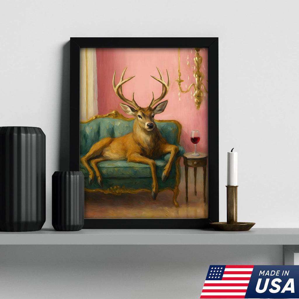 Funny Deer Chill On The Sofa Canvas Wall Art – Elegant Deer Drinking Wine Canvas