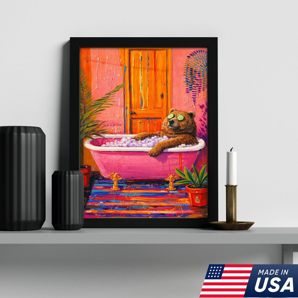 Funny Bear Bath Canvas Wall Art – Colorful Animal Bathroom Decor