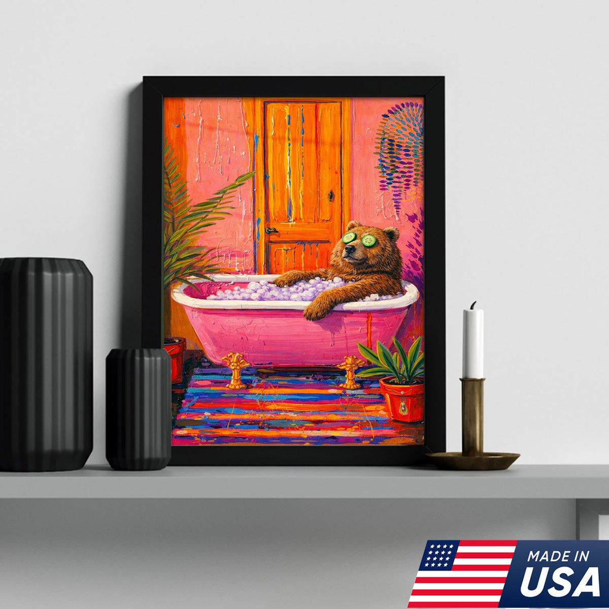 Funny Bear Bath Canvas Wall Art – Colorful Animal Bathroom Decor