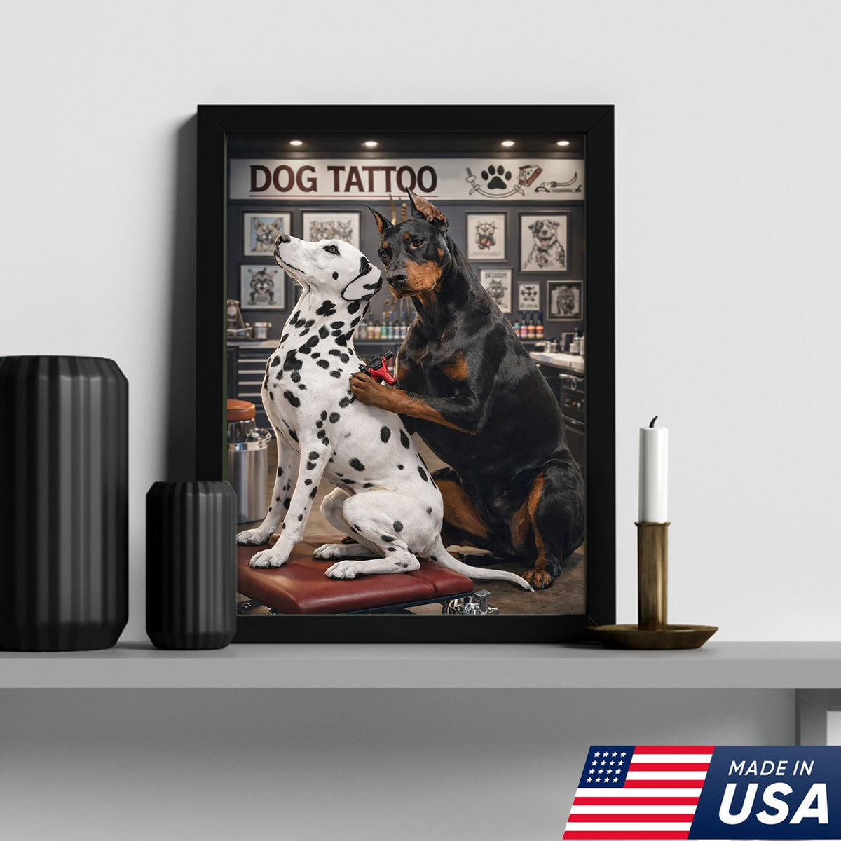 Funny Dog Tattoo Studio Canvas Wall Art, Doberman Tattoo Artist with Dalmatian Client