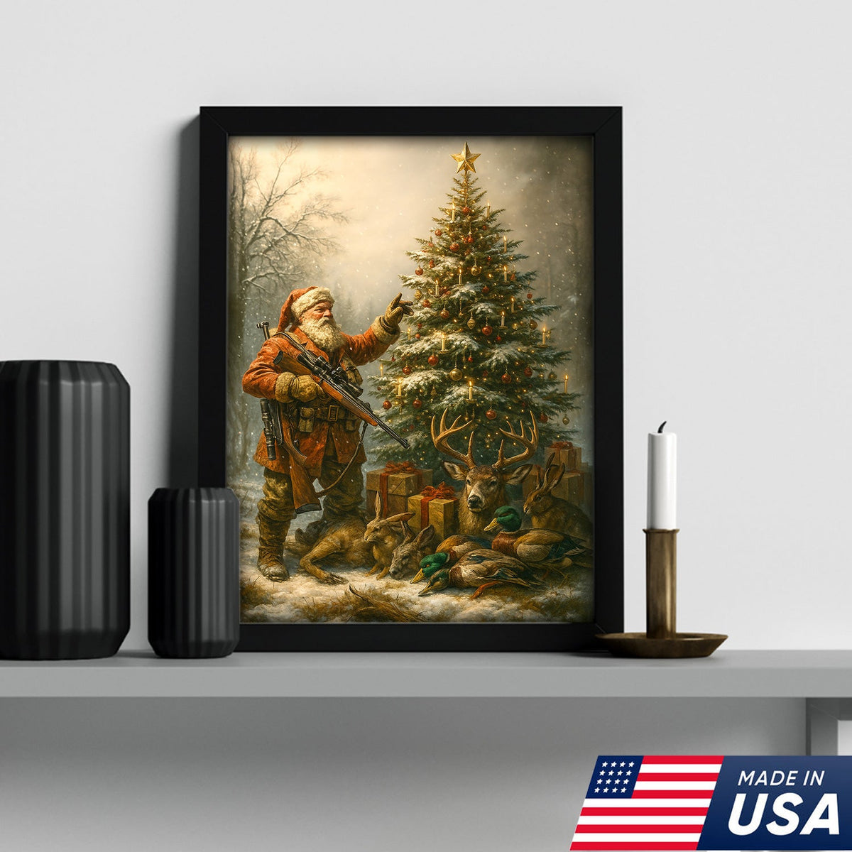 Santa Hunter Christmas Wall Art – Rustic Holiday Canvas for Cabin, Farmhouse & Hunter Decor