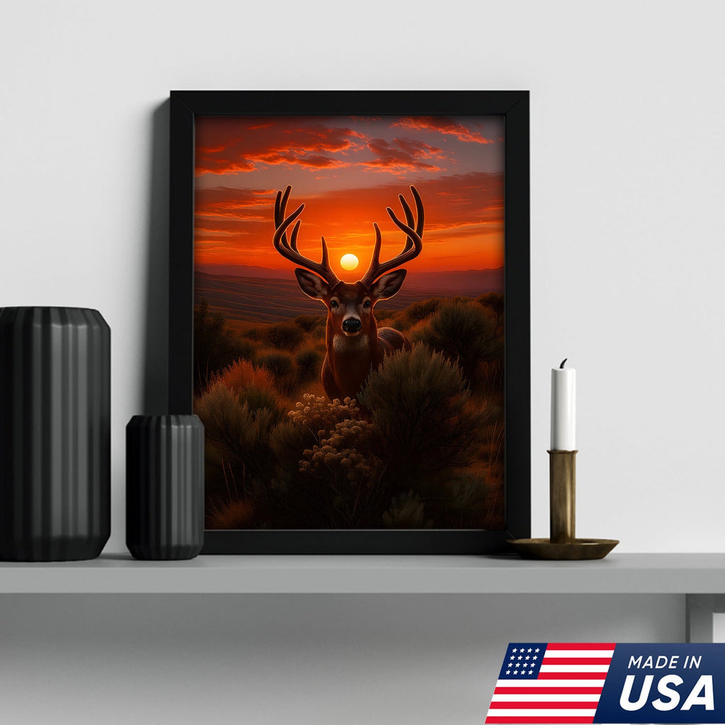 Deer Sunset Canvas Wall Art, Majestic Buck Silhouette in Orange Sky