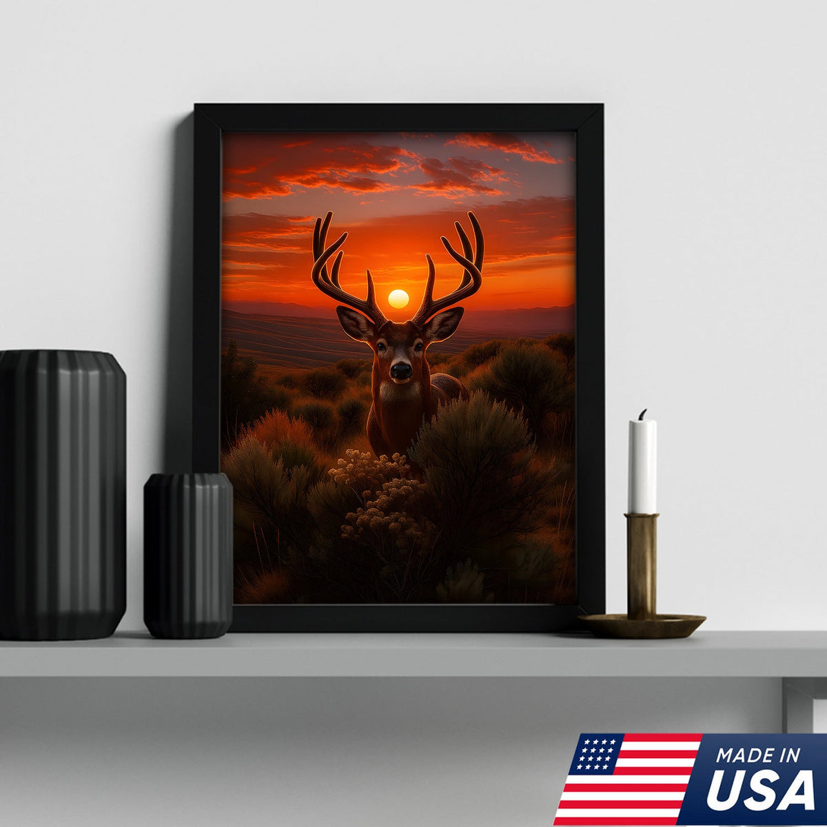 Deer Sunset Canvas Wall Art, Majestic Buck Silhouette in Orange Sky