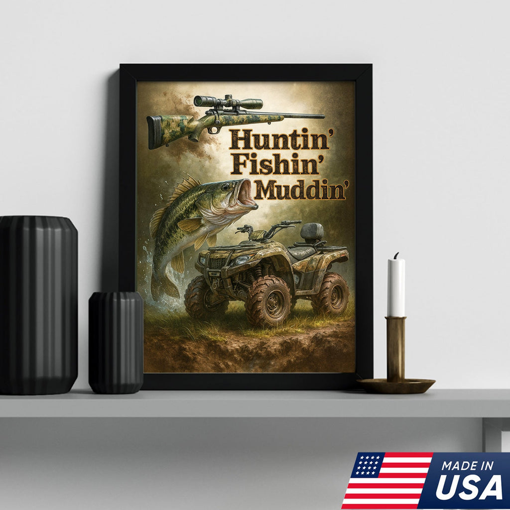 Huntin’ Fishin’ Muddin’ Canvas Wall Art, Deer Hunting and Fishing Decor for Men, Rustic ATV Cabin Artwork