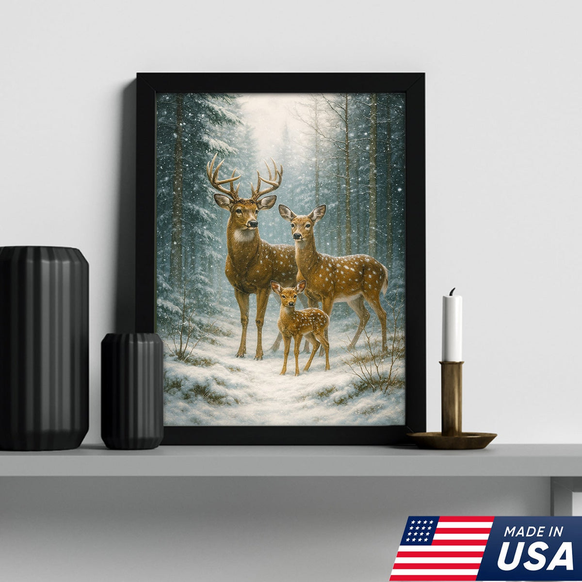 Deer Family Winter Forest Wall Art Canvas – Christmas Wildlife Gift for Nature Lovers & Cabin Homes