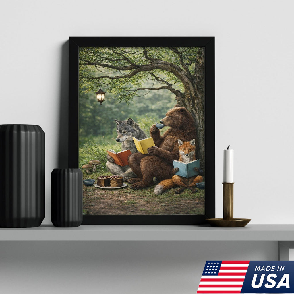 Whimsical Woodland Animals Reading Canvas Wall Art, Bear Wolf Fox Forest Storybook Decor
