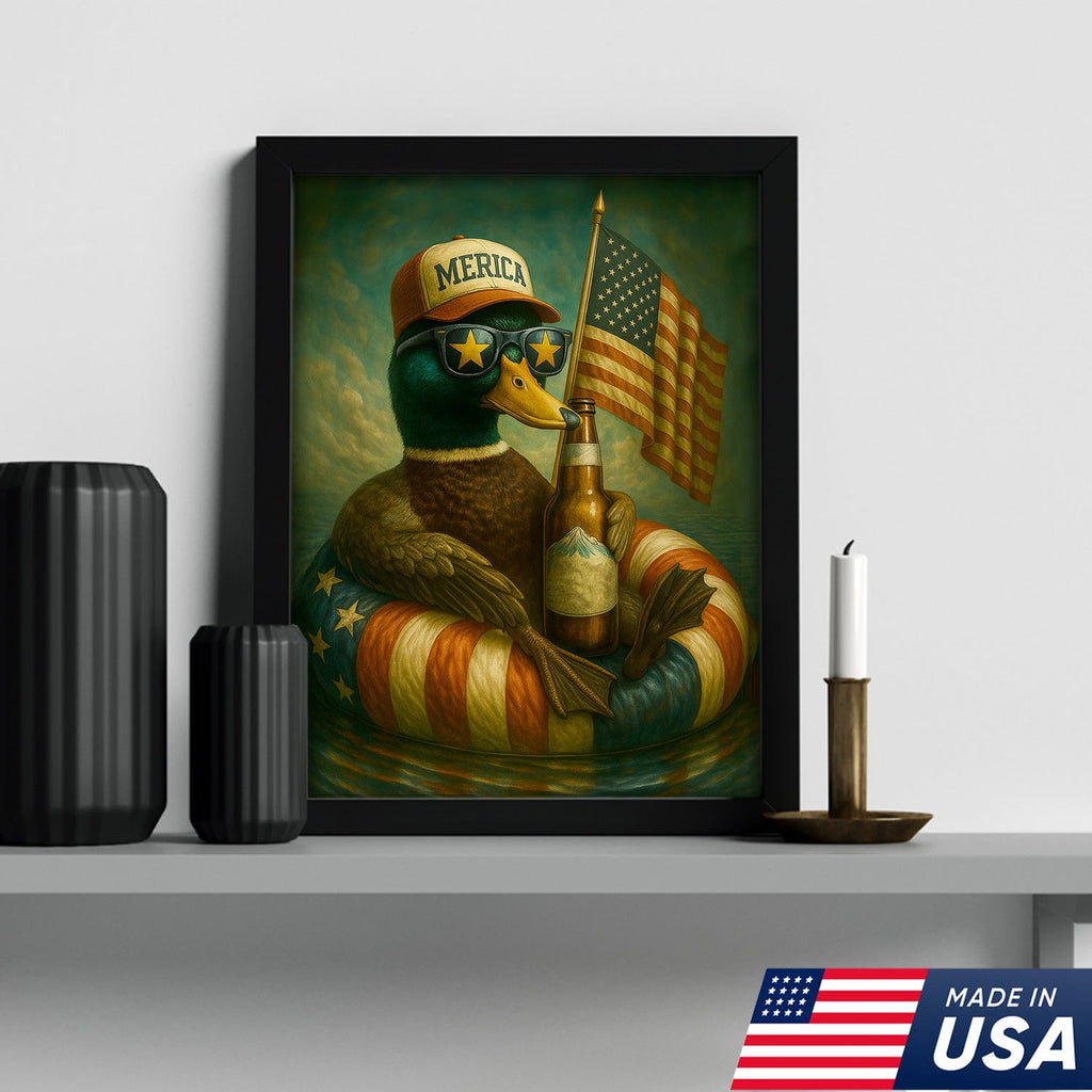 Funny Patriotic Duck Canvas Wall Art – Rustic American Flag Decor Gift for Hunters & Beer Lovers