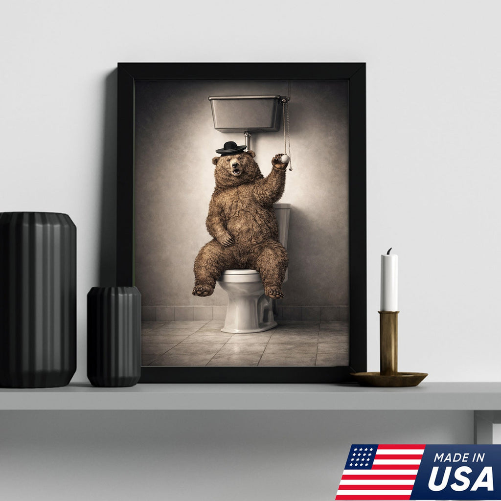 Funny Bear Bathroom Canvas Wall Art – Bear On Toilet Painting